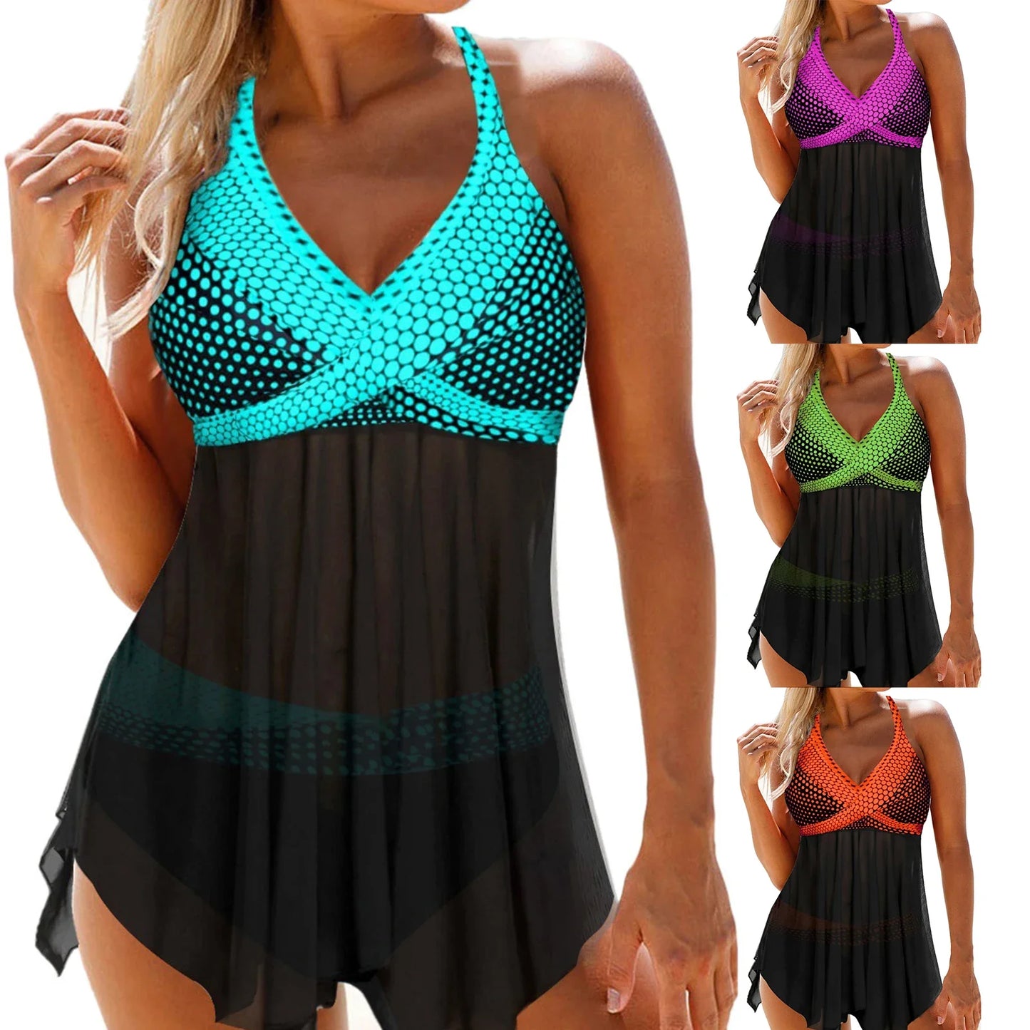 Women's Hanging Neck Multi-color Sleeveless V-neck Sexy Polka Dot Print New Fashion Beach Swimsuit 2-piece Set