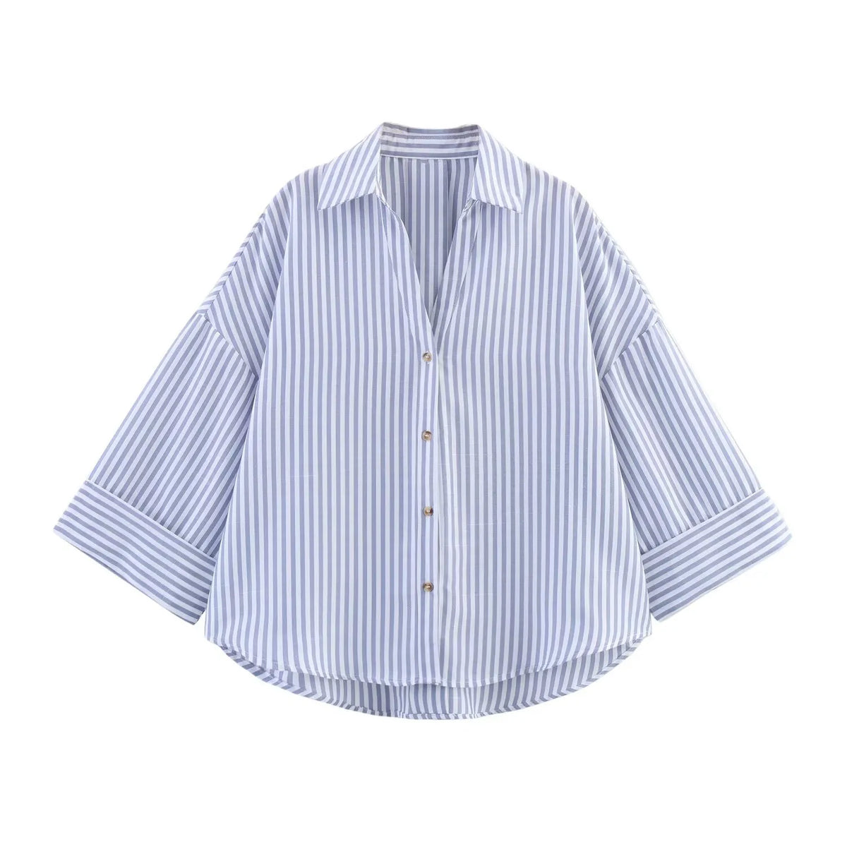PB&ZA Summer New Women's Commuter Versatile Linen Blended Wide Sleeve Lapel Casual Striped Shirt