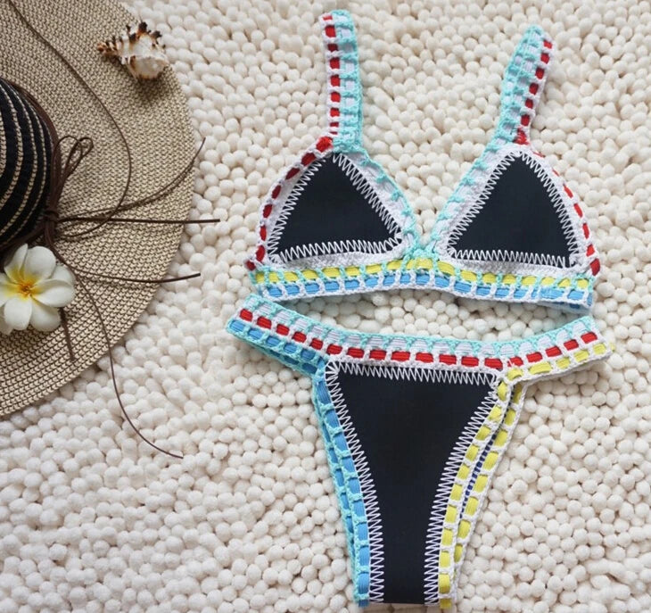 Bikini Crochet 2025 Handmade Knit Patchwork Reversible 2 Piece Swimsuit Women Halter Top Brazilian Bathing Suit Thong Swimwear