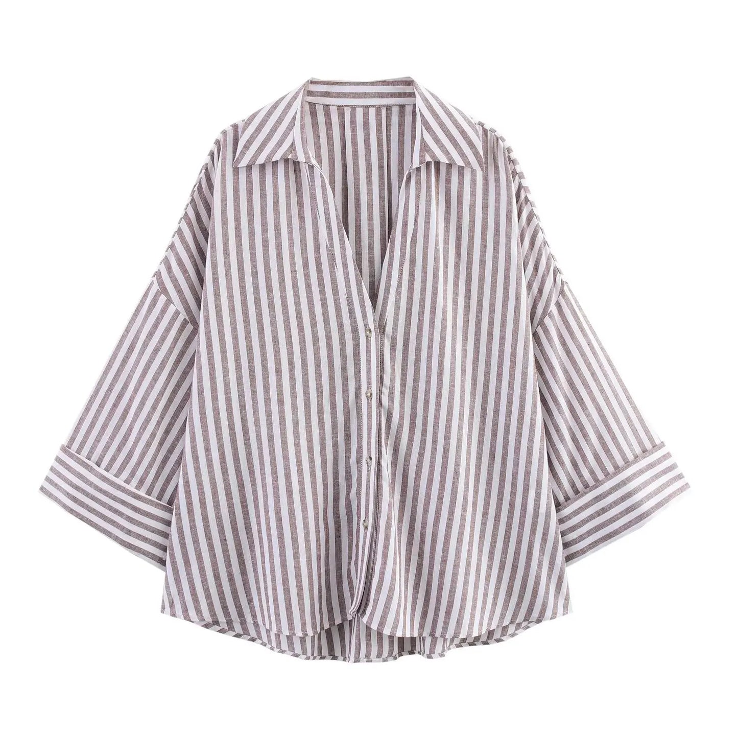 PB&ZA2025 Summer New Women's Commuter Versatile Linen Blended Wide Sleeve Lapel Casual Striped Shirt