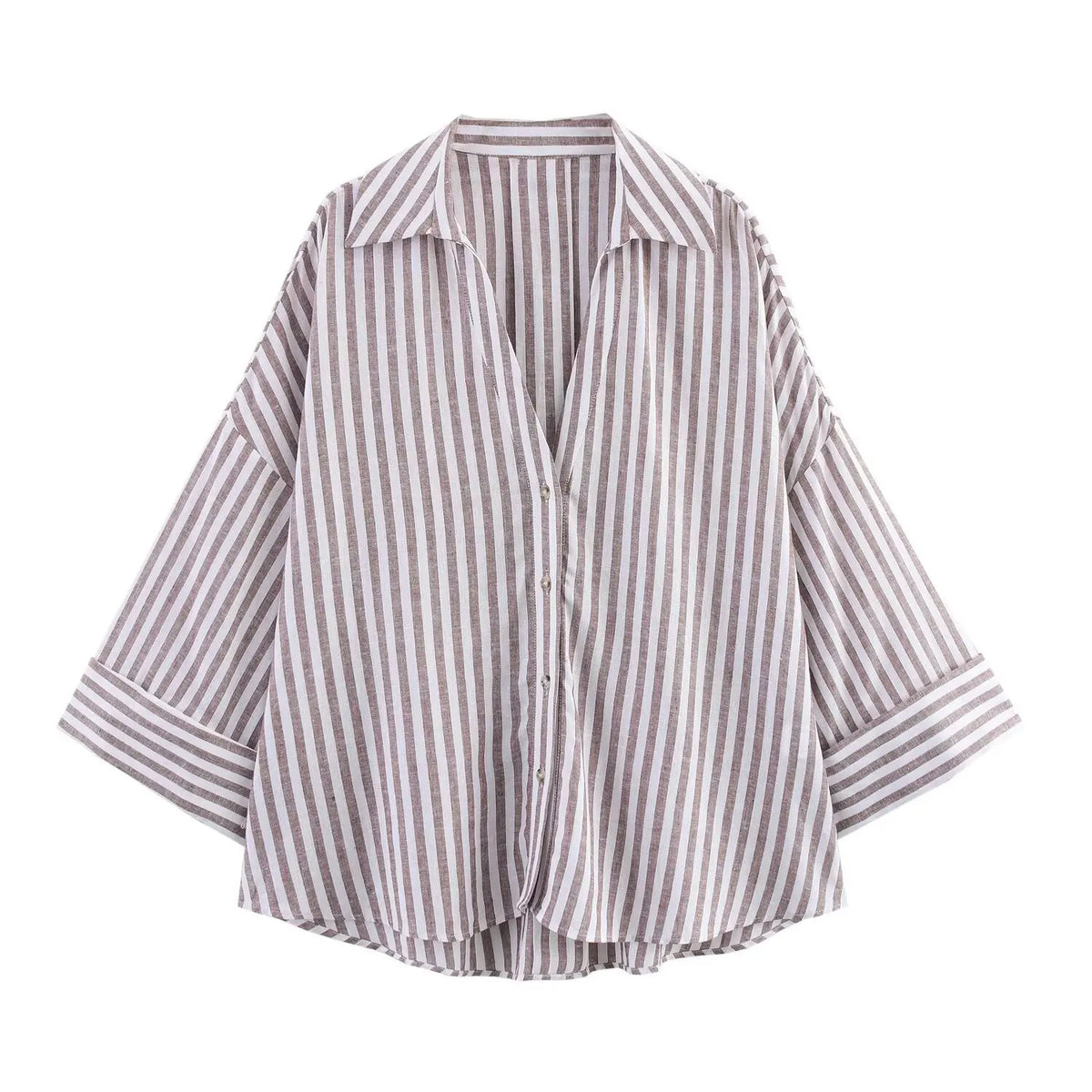 PB&ZA Summer New Women's Commuter Versatile Linen Blended Wide Sleeve Lapel Casual Striped Shirt