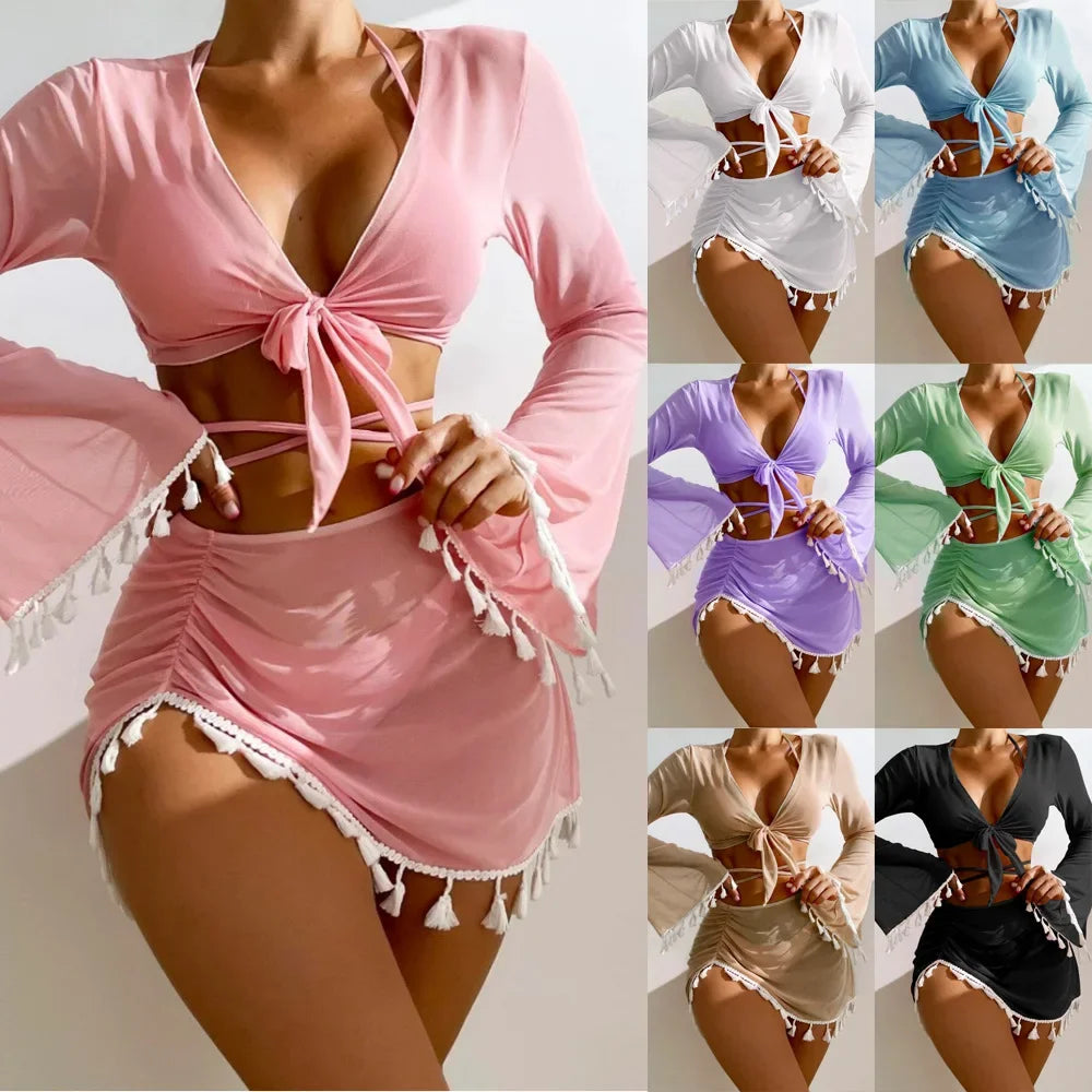 Swimming Suit Women Beach Wear Solid Beach Suit Tassel Cover Up Mesh Short Skirt Bikini Cute Swimming Pool Outfit Spring Summer