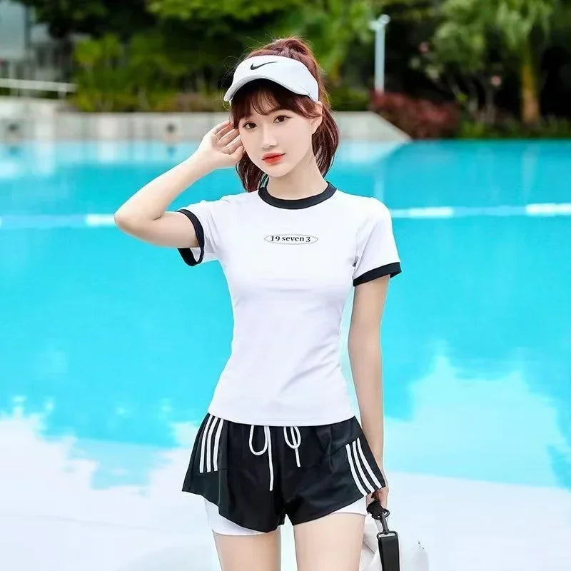 Women's Summer 2-Piece Set Modest Swimwear Style Beach Sun Protection Fashionable Slimming Design Student Suit