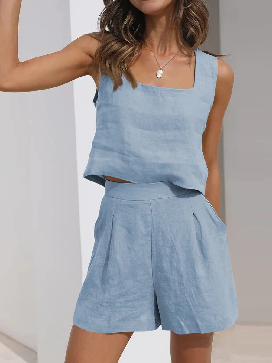 Womens Summer 2 Piece Outfits Lounge Matching Sets Two Piece Linen Shorts Crop Tops 2023 Trendy Clothes Vacation Set 7 Colors