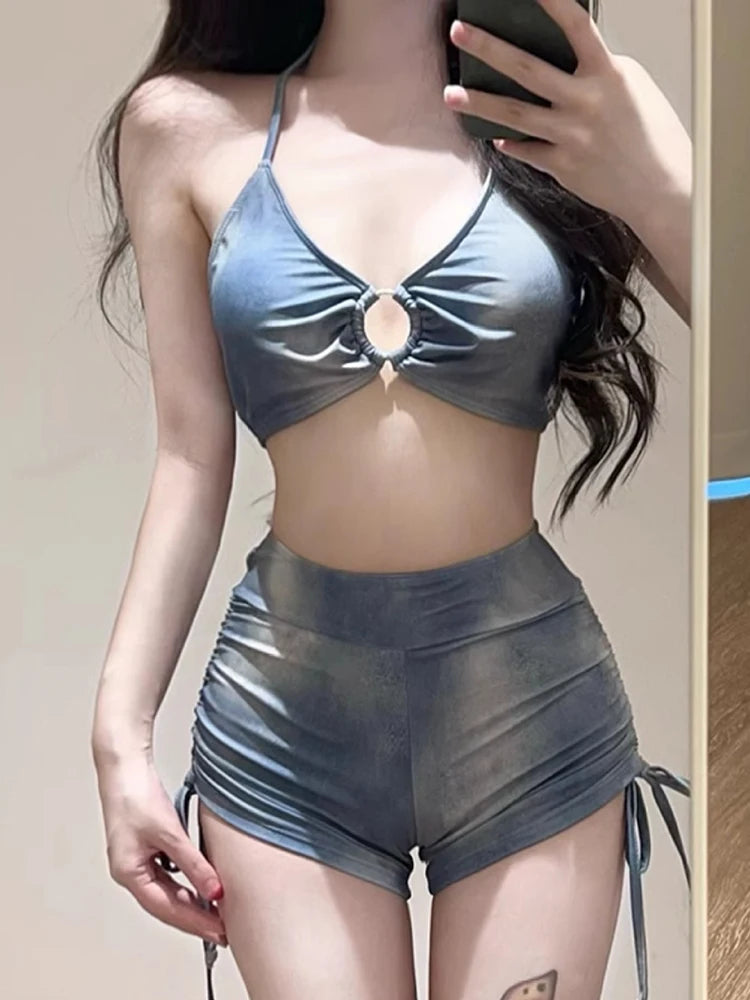 OIINAA Swimsuit Women Neck-mounted Print Hot Spring Swimwear High Waist Drawstring Bikini Set Cover-Ups Wrap Skirt Summer 2025