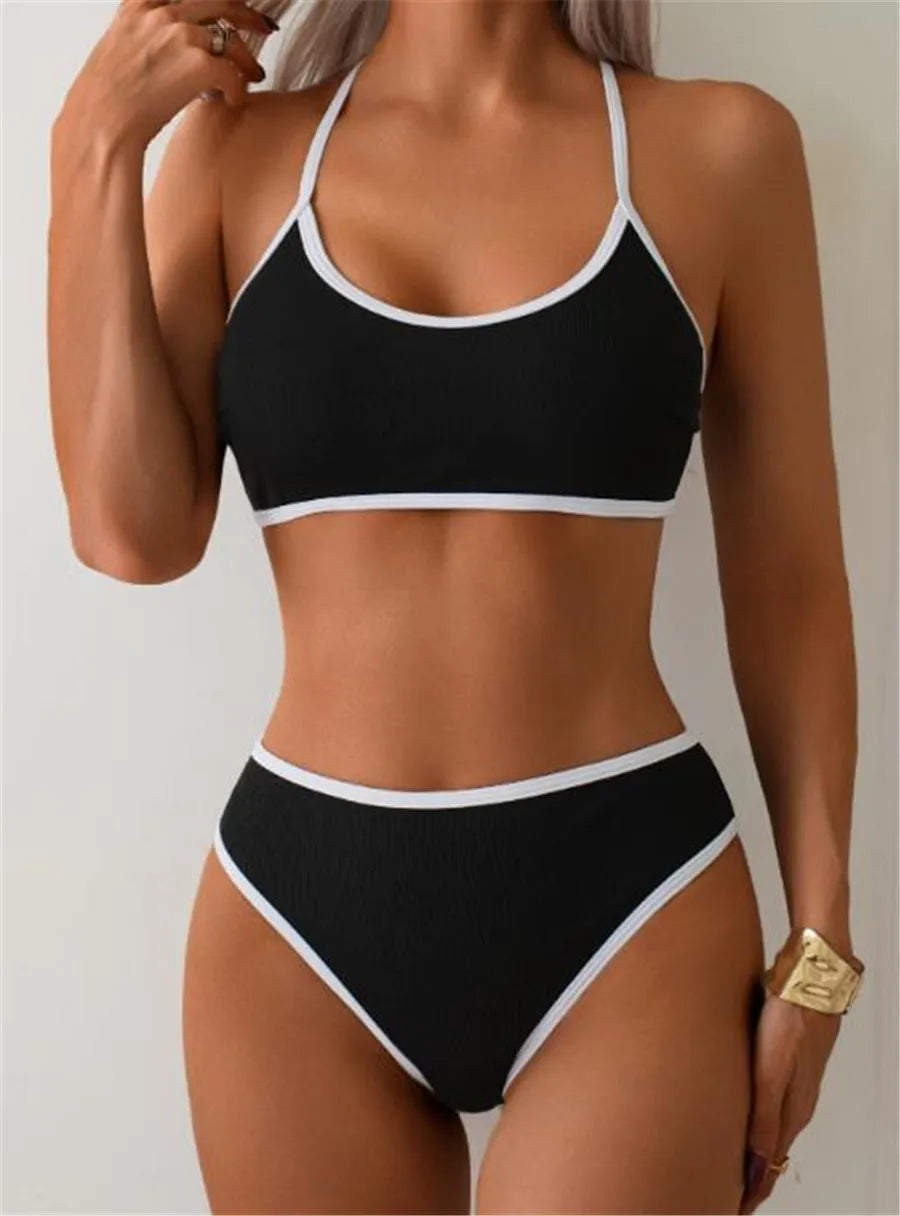 Women 2-Piece Bikini Set Contrast Colors Cross Straps Bra and Elastic Panties Sets for Summer Beachwear Bathing Suit