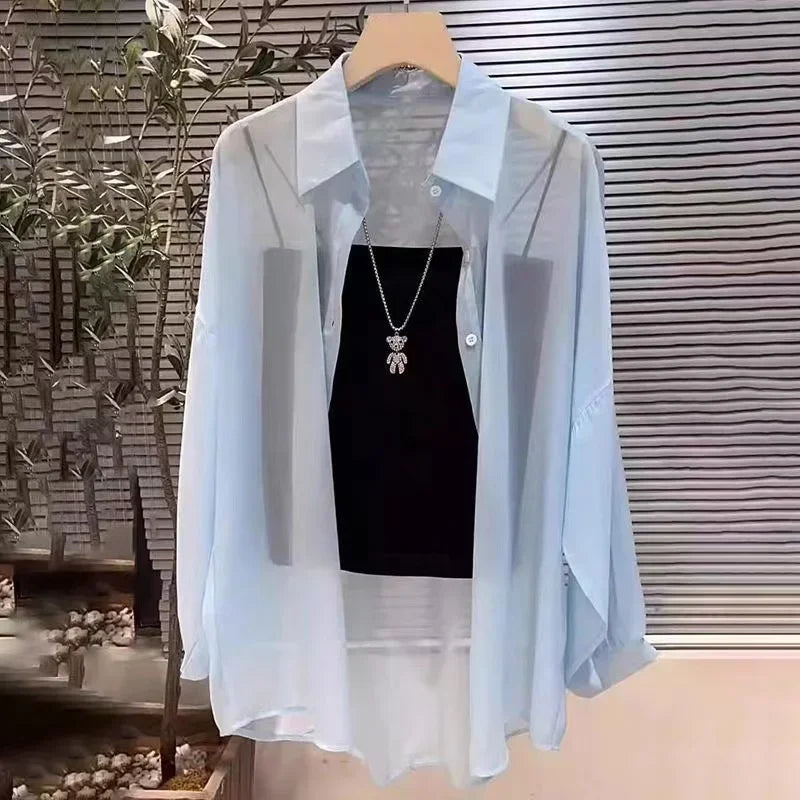 Plus Size Women’s Shirts Summer Breathable and Sun-Proof Ice Silk with Button Thin Loose Sheer Chiffon Blouses Long Sleeve