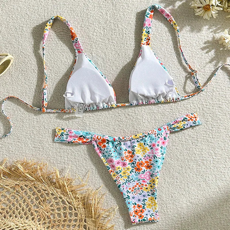 Sexy Pink Floral Print Bikini Set 2025 Women Halter Push Up Bra Pleate Thong Swimsuit Summer Bathing Suit Triangle Swimwear