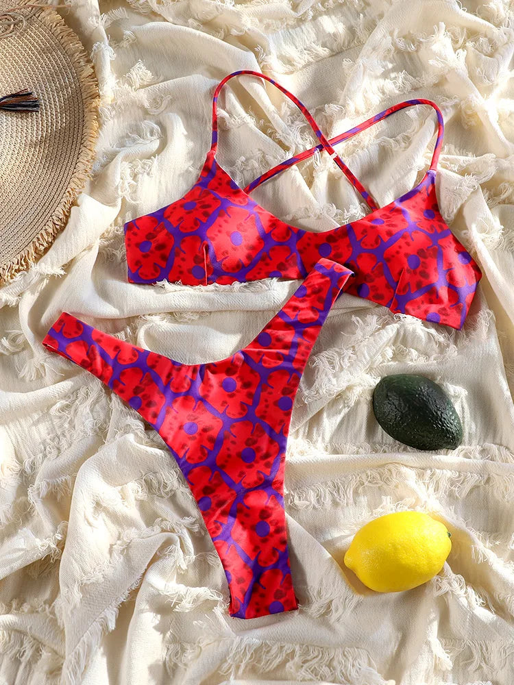 Print Bikini Set Sexy Swimsuit Bandage Swimwear Women's Two Piece Suit 2025 Bathsuits Summer Beachwear New Biquini