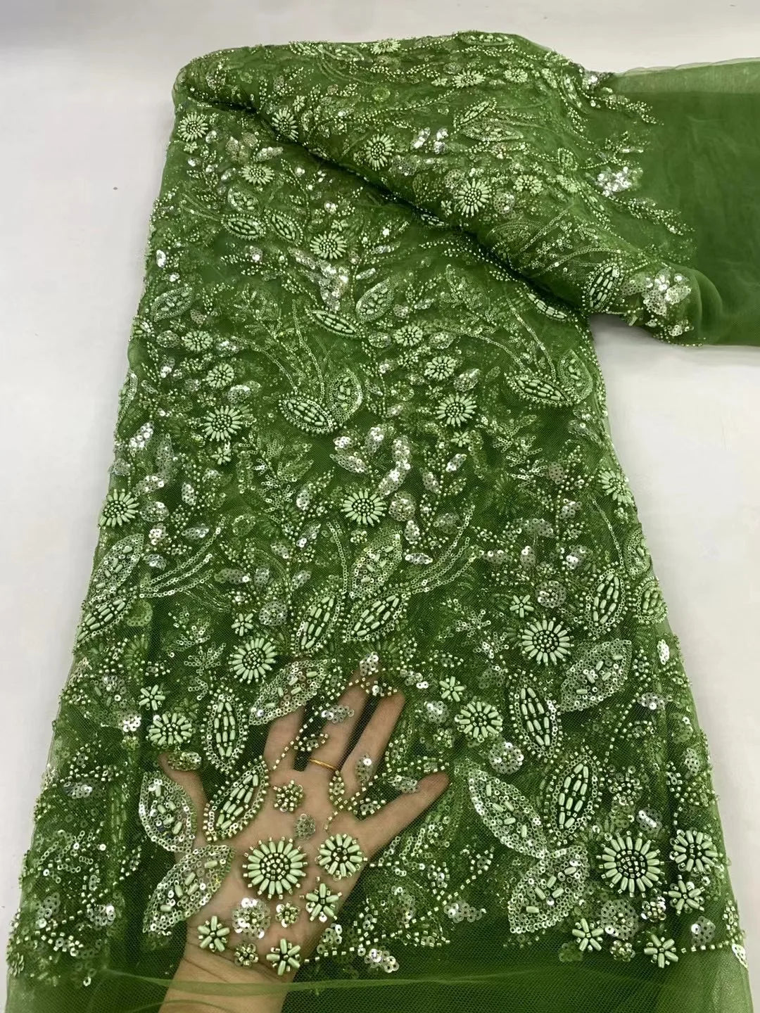 African Nigerian Tulle Lace Fabric with Sequins & Beaded Embroidery - LY4798, 5 Yards