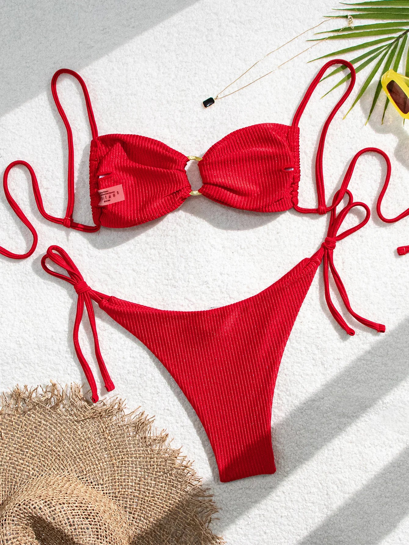 Sexy Ribbed Red Micro Bikini Women Pleate Metal Ring Hole Out Push Up Bandage Thong Swimsuit Beach Bathing Suit Swimwear 2025