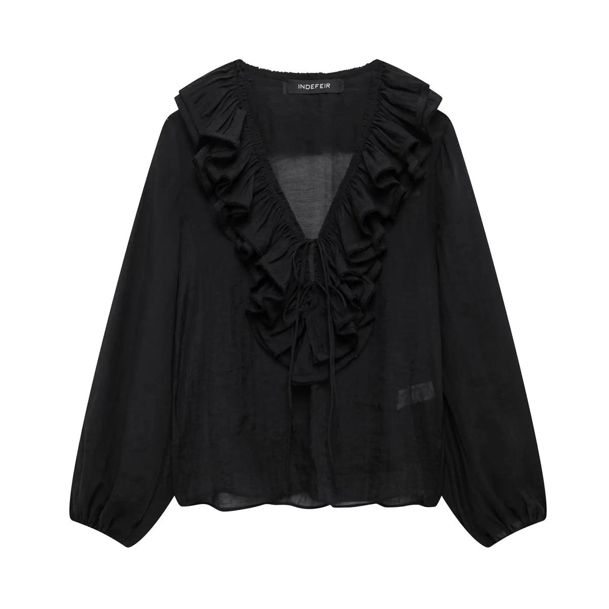 TRAFZA Elegant Women's Tierred Ruffles Blouses V-Neck Long Sleeve Loose Shirt Lady Spring Chic Lace-up Wild Woman Solid Top