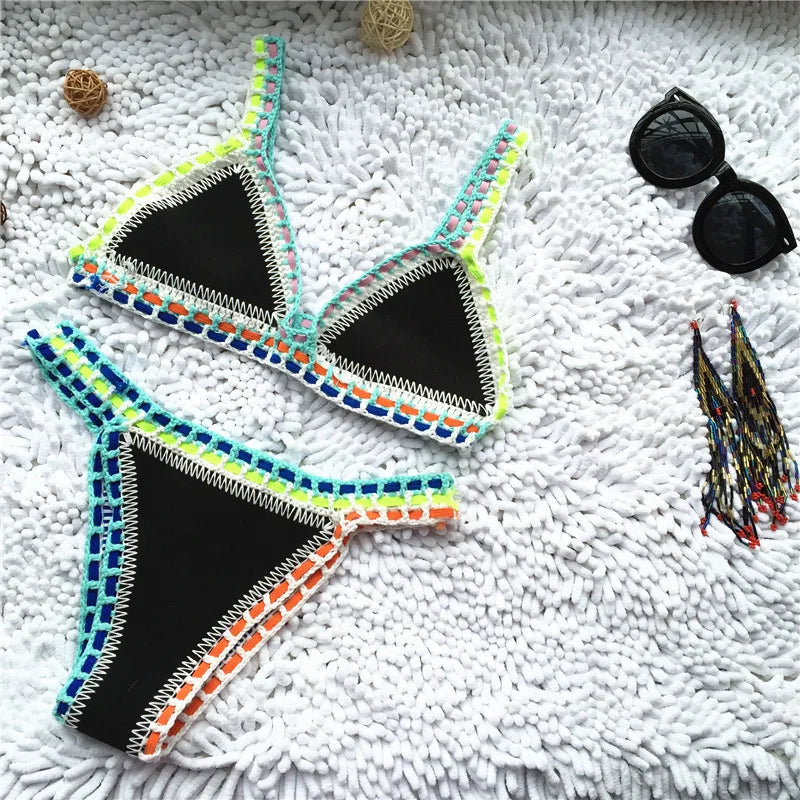 Bikini Crochet 2025 Handmade Knit Patchwork Reversible 2 Piece Swimsuit Women Halter Top Brazilian Bathing Suit Thong Swimwear