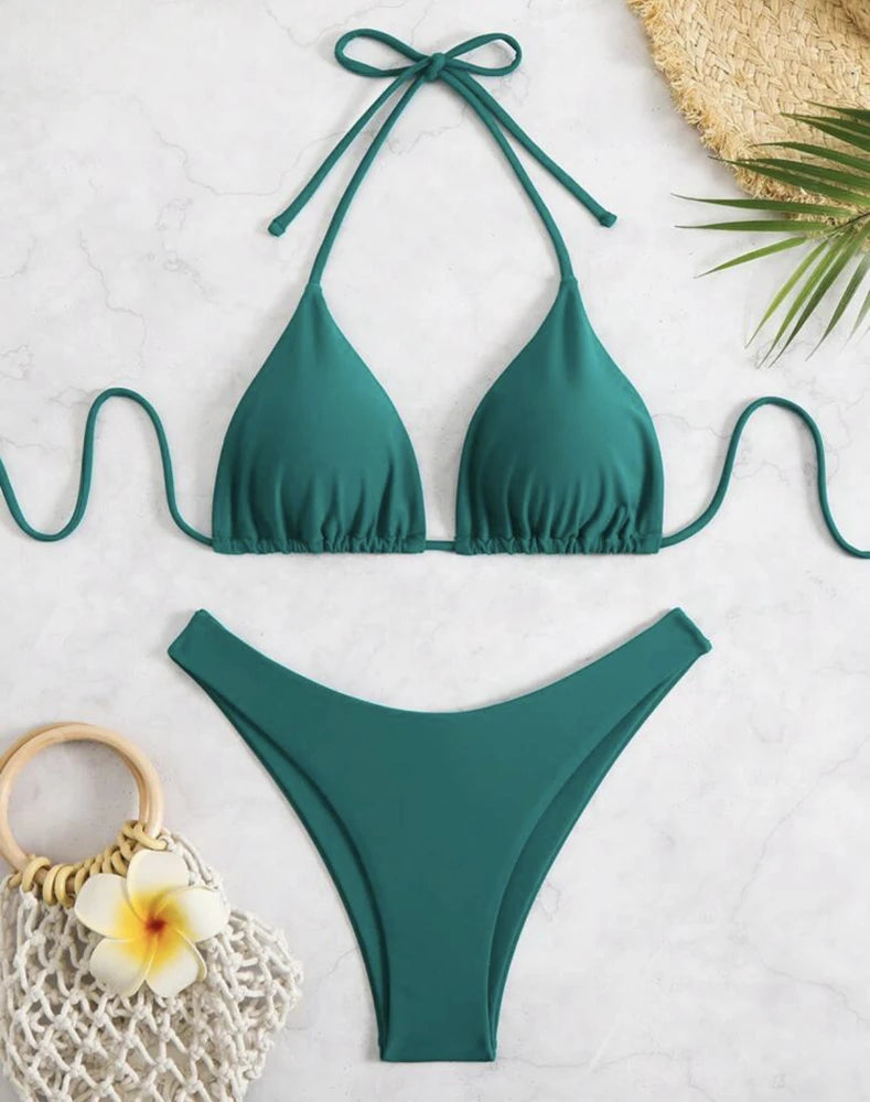 Women Thong Bikini Sexy Solid White/Black/Coffee Halter Swimsuit Lace Up Brazilian Bathing Suit New Double Fabric Beachwear