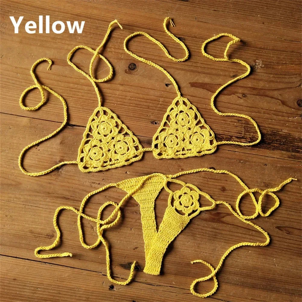 Crochet Bikini Set G-String Lace Up Thong Beach Swimwear Sexy Swimsuit Bra Set For Summer Swimming Party Holiday