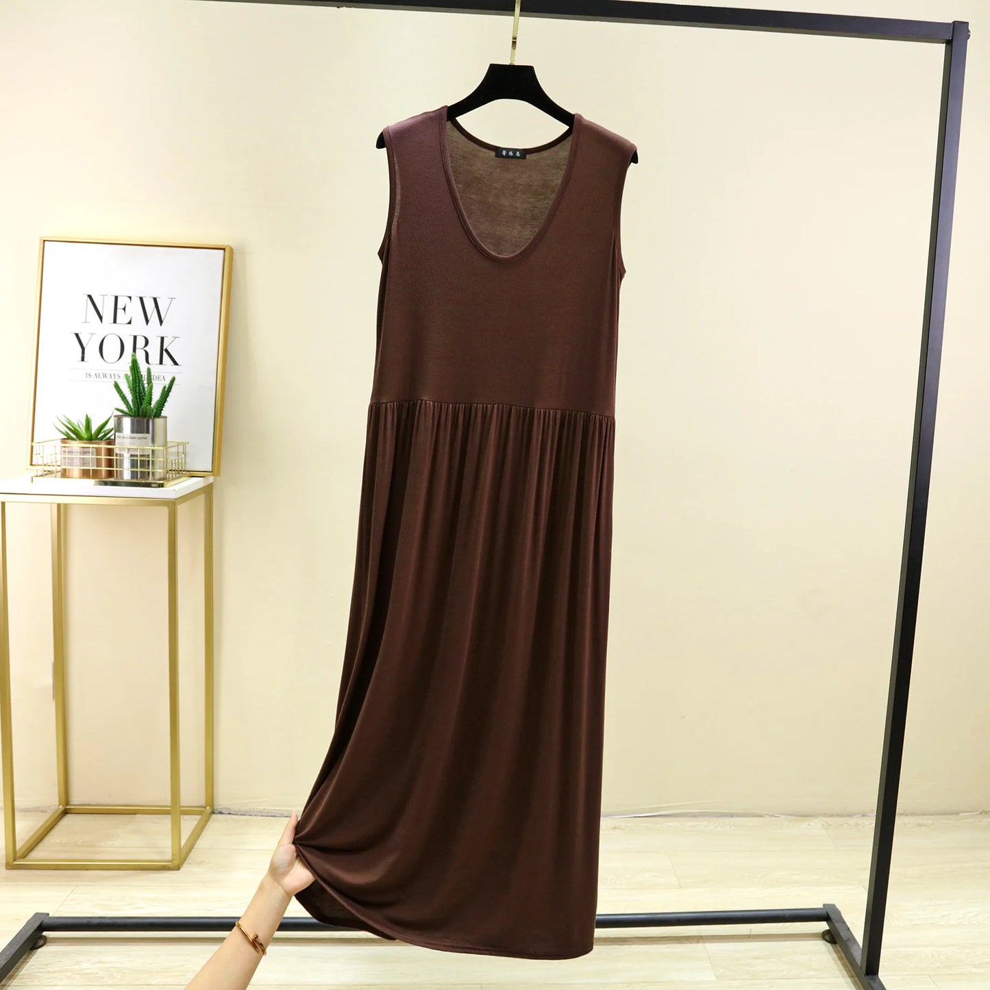 Plus size L to 6XL Women's dress Modal Sleeveless tank dress Pleated sleepdress Mid-Length waist-slimming dresses Loose homewear