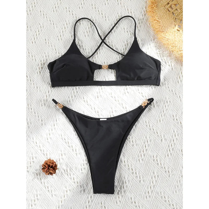 Sexy Bikini Set Solid Bikinis 2025 Swimsuit For Women Low Waist Bathing Suits Cut Out Bathsuit Summer Beachwear