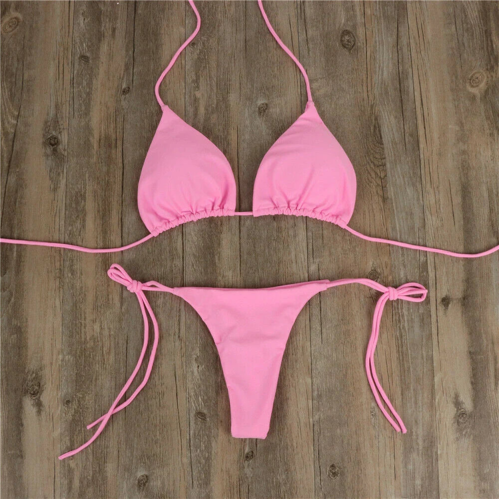 2Pcs Summer Women Bikini Set Side Tie Sexy Swimsuit Bandage Style Brazilian Swimwear Solid Color Swimming Bathing Suit