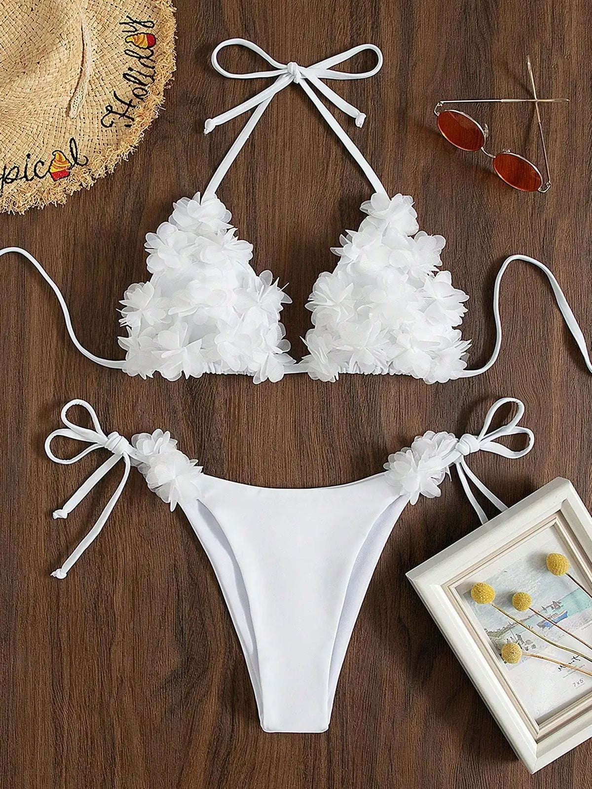 2pcs Women Elegant Solid Color Halter Spaghetti Strap Swimwear With 3D Floral Decor, Beach Vacation Style Bikini Set