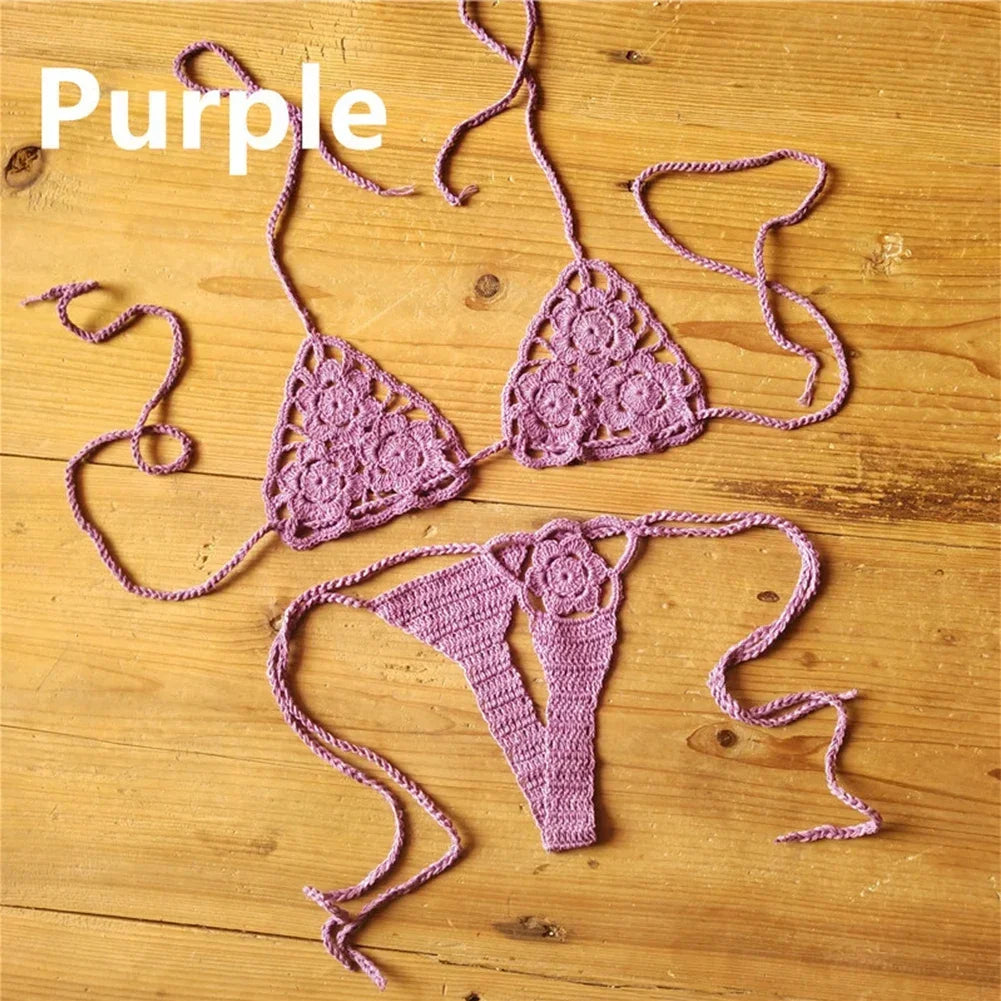 Crochet Bikini Set G-String Lace Up Thong Beach Swimwear Sexy Swimsuit Bra Set For Summer Swimming Party Holiday