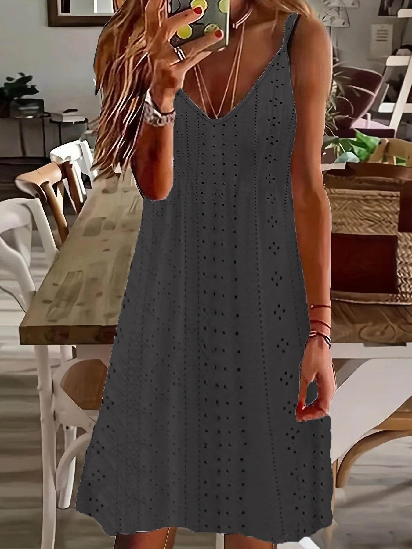 Plus Size Europe and the United States  Women's Summer New Cutout Jacquard V-Neck Strap Solid Color Dress