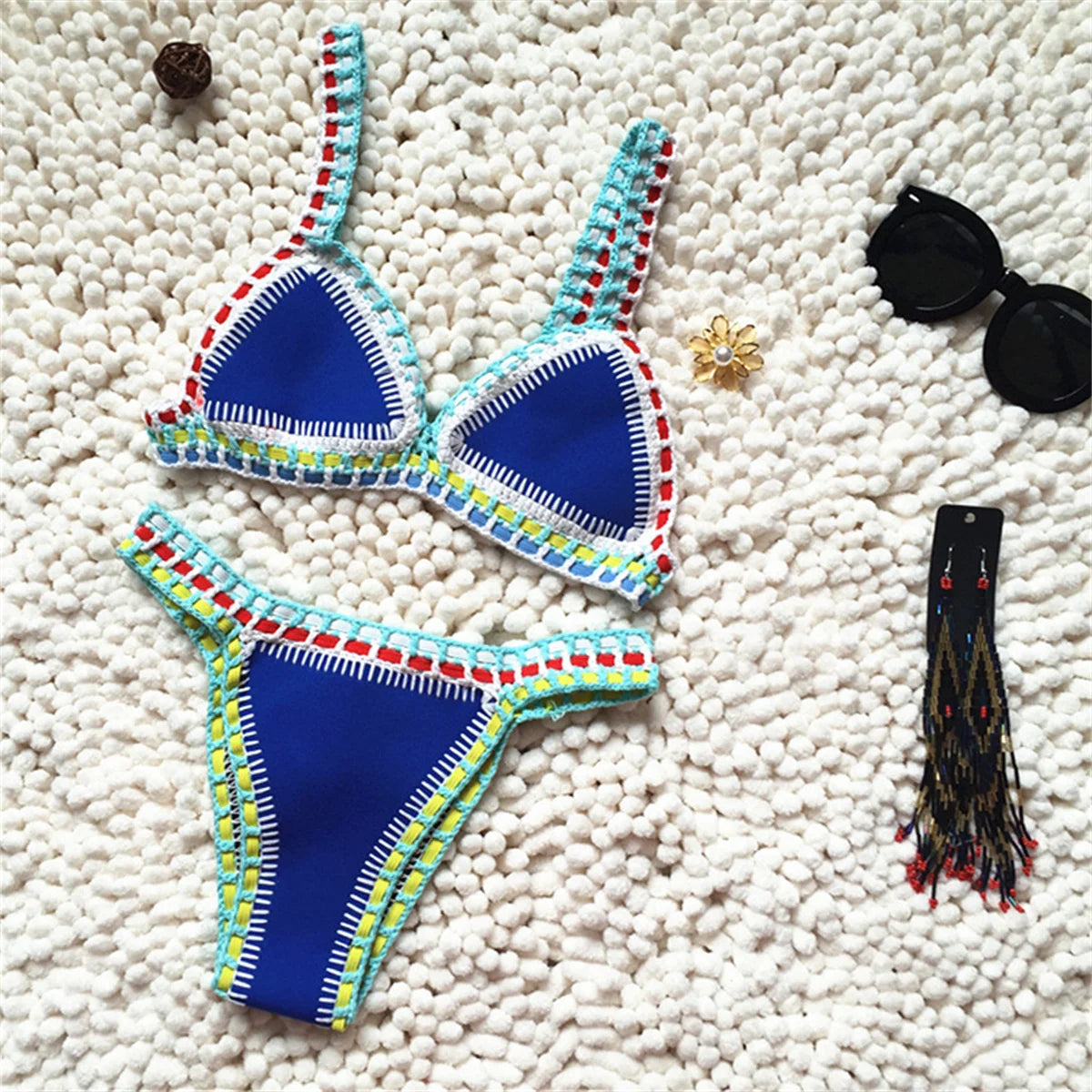 Bikini Crochet 2025 Handmade Knit Patchwork Reversible 2 Piece Swimsuit Women Halter Top Brazilian Bathing Suit Thong Swimwear