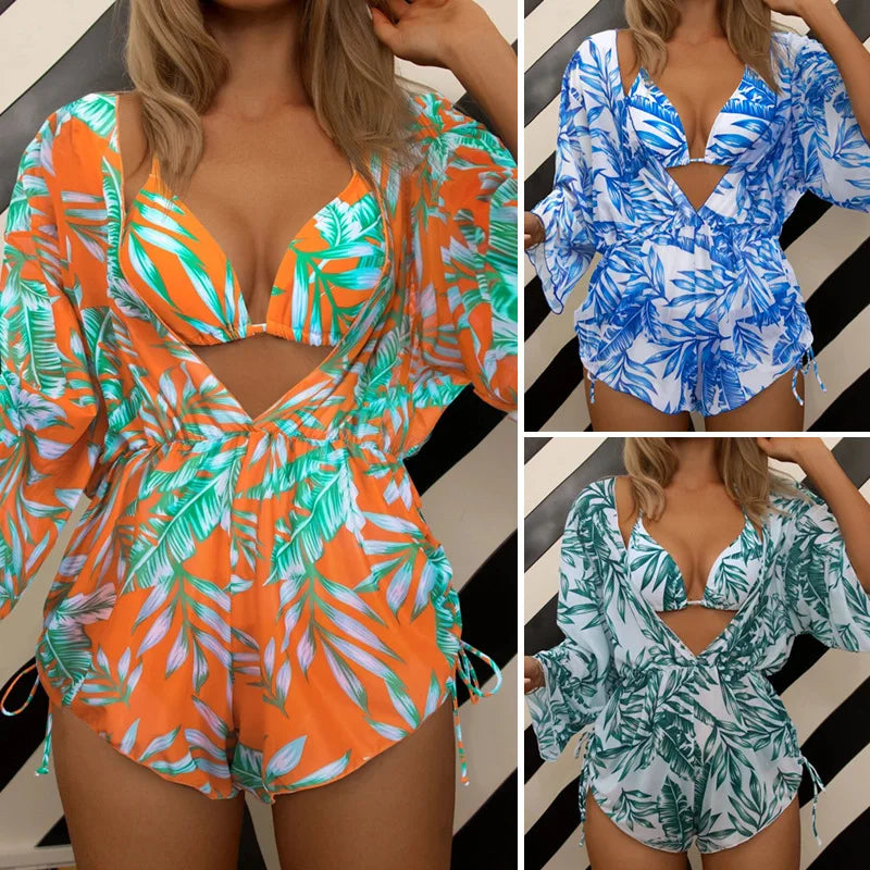 New 5 Colors Women Bikini 3 Piece Set Halter Top Mid Waisted Bottom + Long Sleeved Drawstring Cover Up 2025 Sexy Slim Beachwear