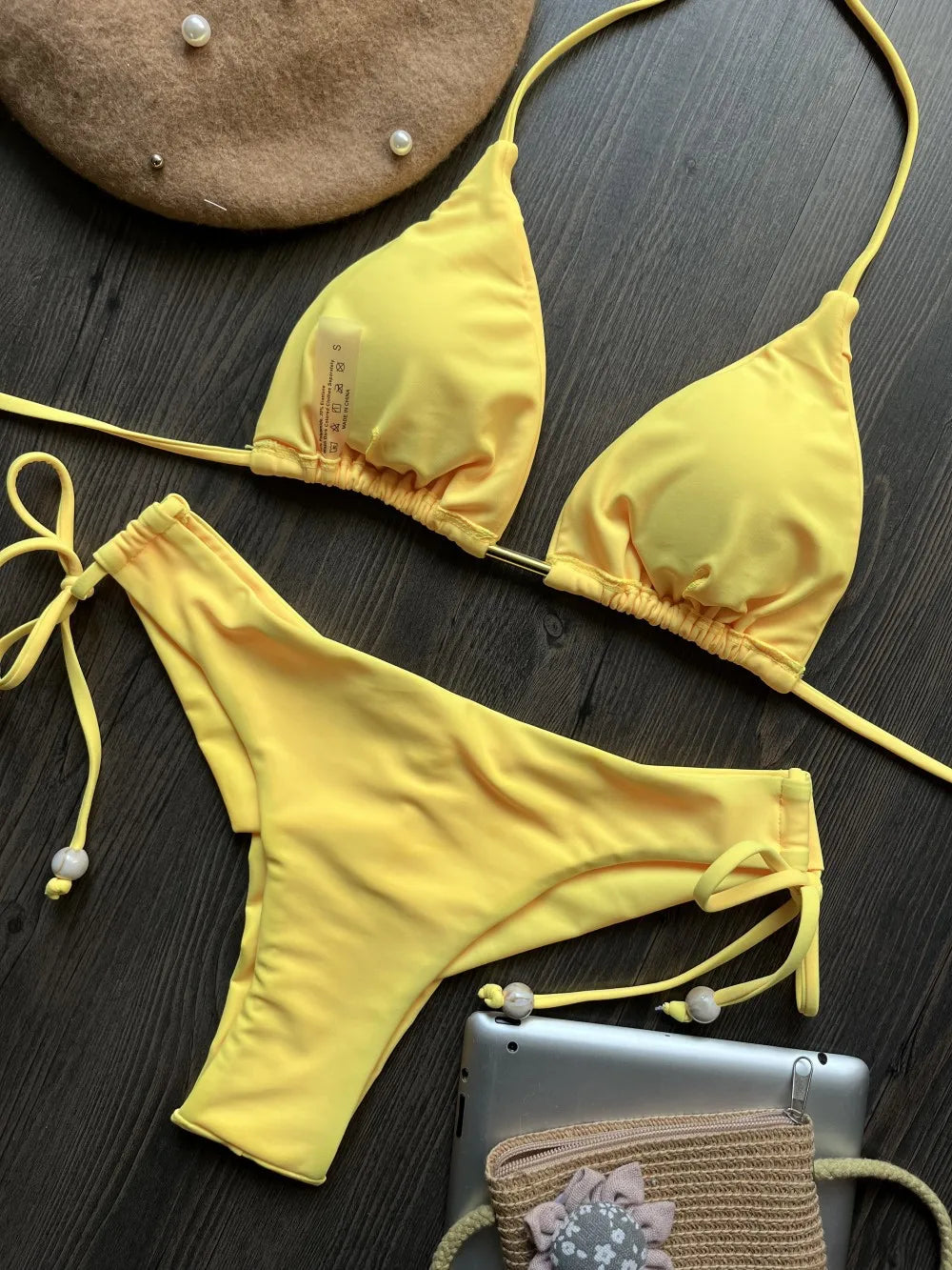 Sexy Yellow Bikini Set 2025 Women Halter Pleate Push Up Bra High Waist Swimsuit Brazilian Beach Bathing Suit Two Piece Swimwear