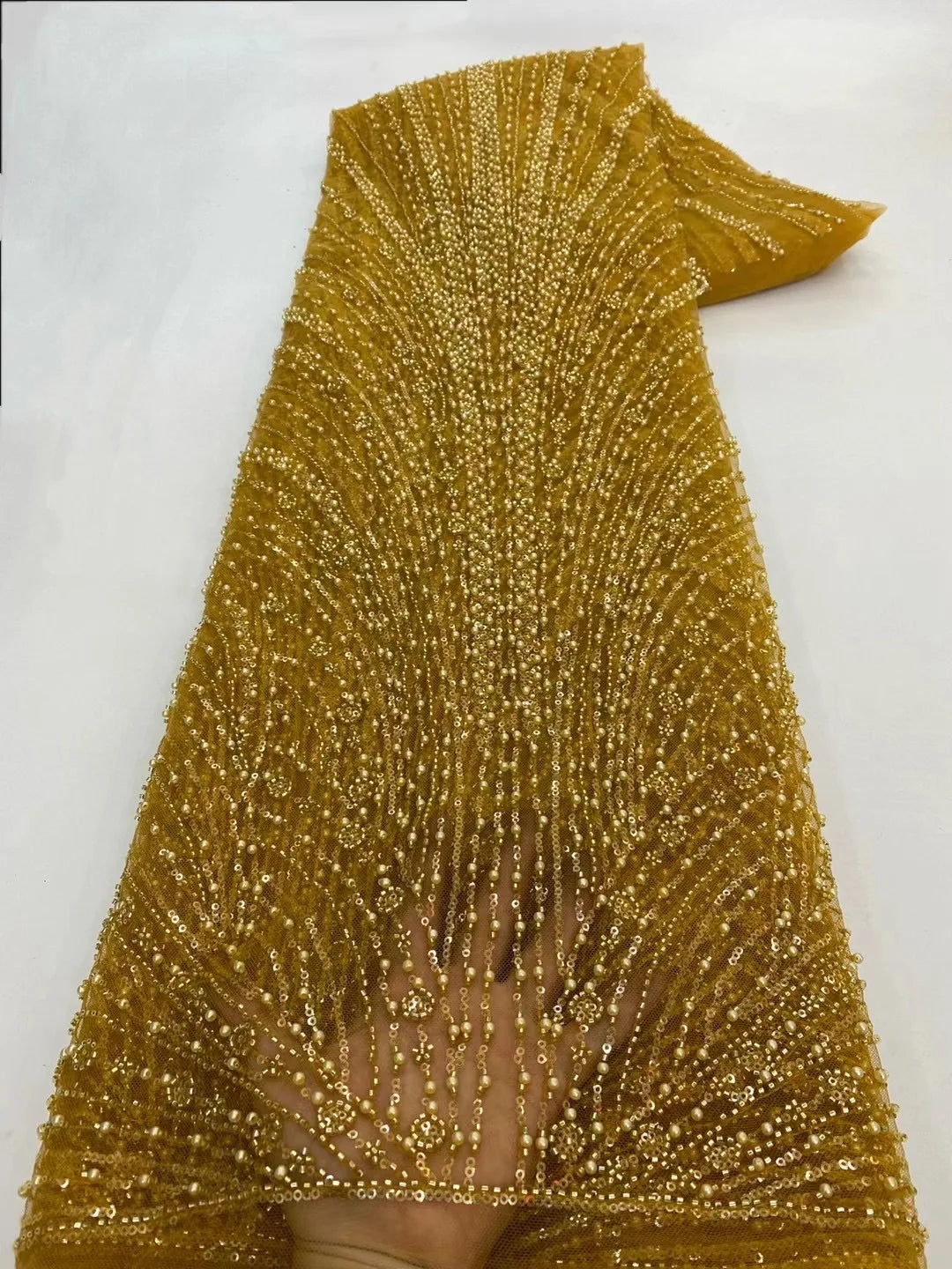High Quality African Gold Handmade Beaded Lace Fabirc 2025 Sewing sequins Embroidery Nigreian Lace Fabric Women Wedding Dress