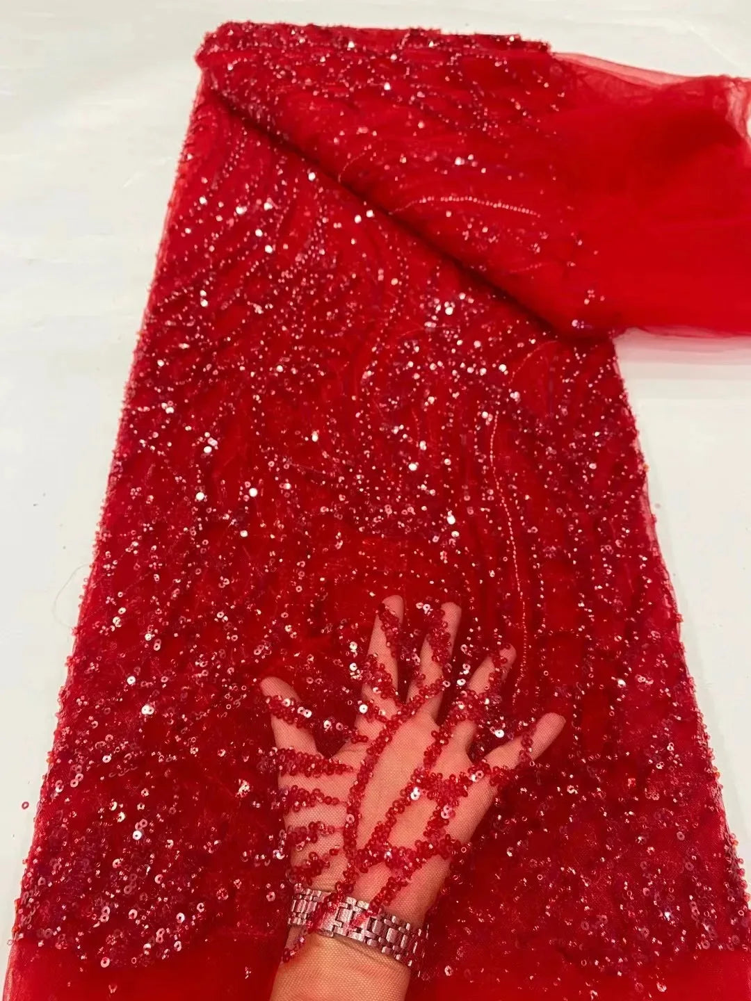 African Lace Fabric 2025 - Sequined Beaded Bridal Lace - No. 002, 5 Yards