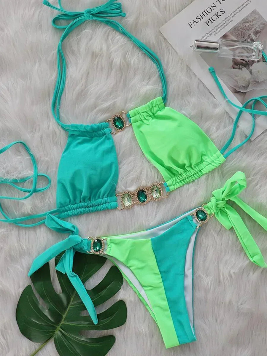 2025 Splicing Halter Diamond Bikini Women Swimsuit Female Swimwear Two Pieces Bikini Set Hollow Out Bathing Suit Swim Beach Wear