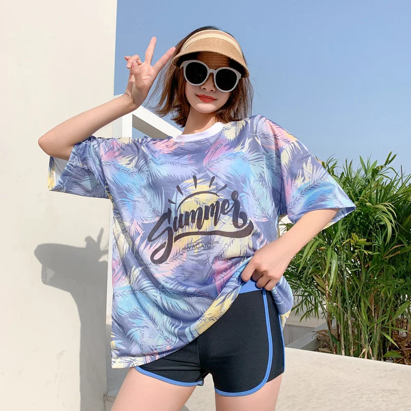 Conservative Student Swimwear ular Korean Sle Women's Tee-piece Set Long Sve Spor Separate Bikini Suit