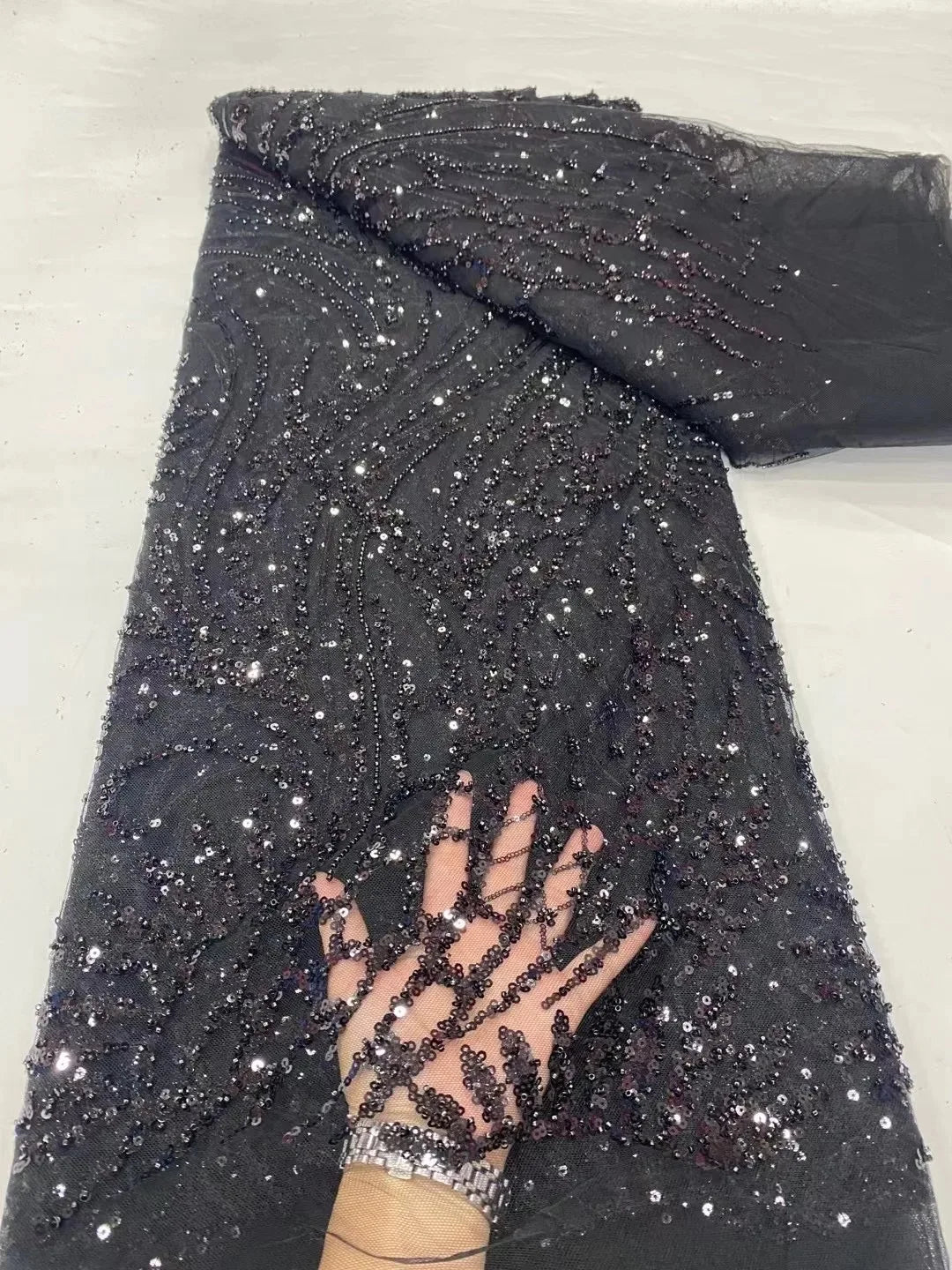 African Lace Fabric 2025 - Sequined Beaded Bridal Lace - No. 002, 5 Yards