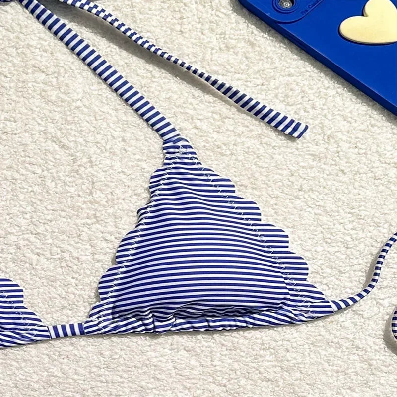 Blue Striped Print Swimwear Triangle Micro Bikini Set Mini Thong Sexy Swimsuit Women Halter String Bathing Suit Bikinis De Mujer
