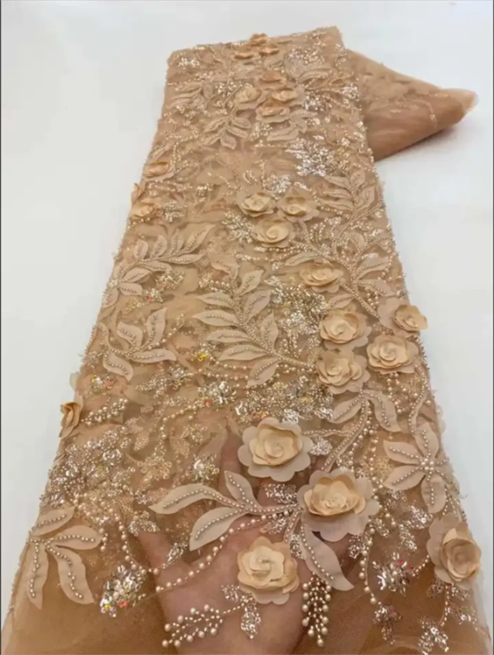 French African 3D Lace Fabric 2025 With Beaded High Quality Embroidery For Women Wedding Dress Nigerian Lace Mesh Fabric 5 Yards