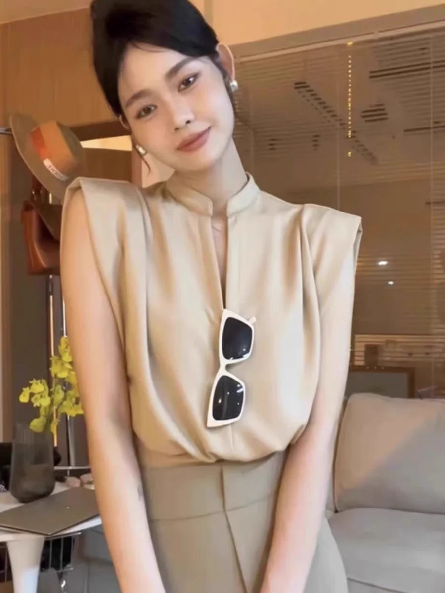 Camisas De Mujer Women Blouses V-neck Sleeveless Shirts Temperament Solid Color Crop Tops Summer Vintage All Match Blouse
