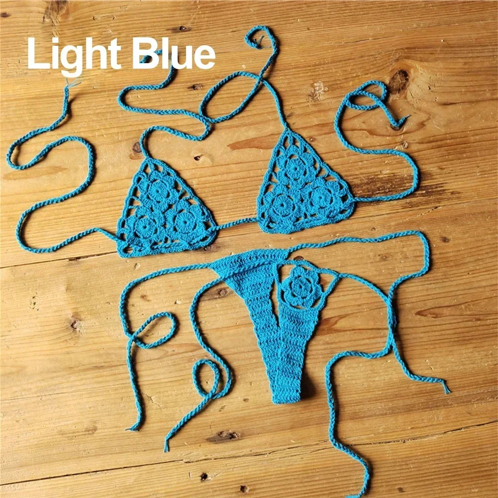 Crochet Bikini Set G-String Lace Up Thong Beach Swimwear Sexy Swimsuit Bra Set For Summer Swimming Party Holiday