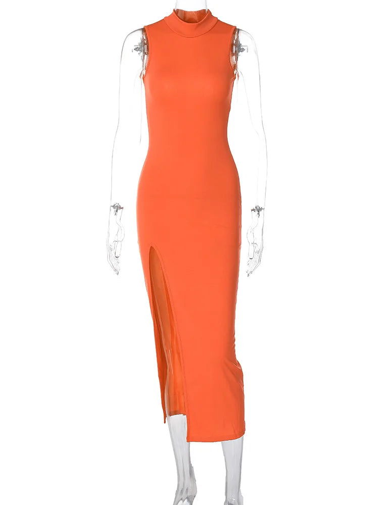 Europe and the United States cross-border fashion round neck sleeveless slim slit sexy MIDI skirt