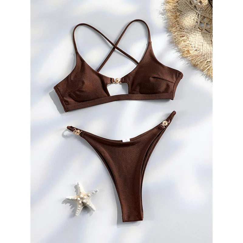 Sexy Bikini Set Solid Bikinis Swimsuit For Women Low Waist Bathing Suits Cut Out Bathsuit Summer Beachwear