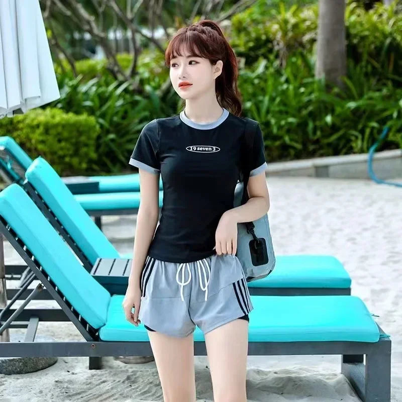 Women's Summer 2-Piece Set Modest Swimwear Style Beach Sun Protection Fashionable Slimming Design Student Suit