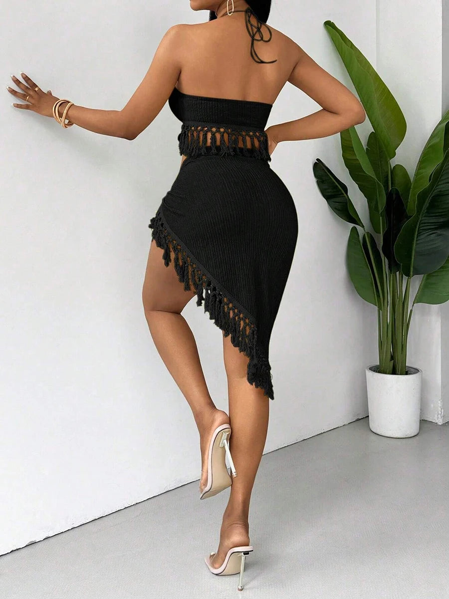 Sexy Tassels Bikini Women's Swimsuit 2025 2 Piece Swimwear Female Outfits Halter Top High Slit Skirt Set Beachwear Bathing Suits
