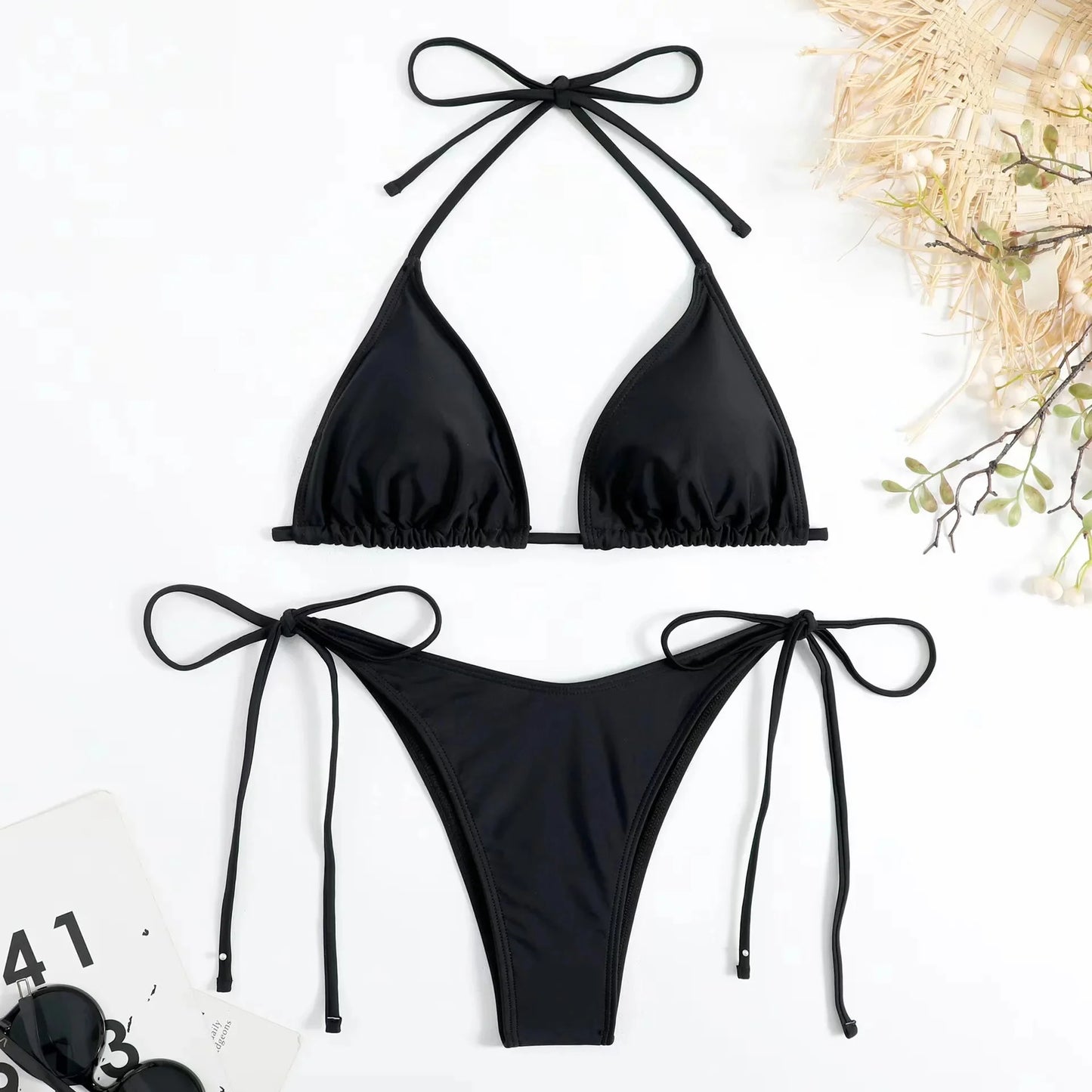 Sensual Pure Color Bikini Set Women's Two-Piece Swimsuit with Waist Belts Backless Slimming Cross-Border Swimwear