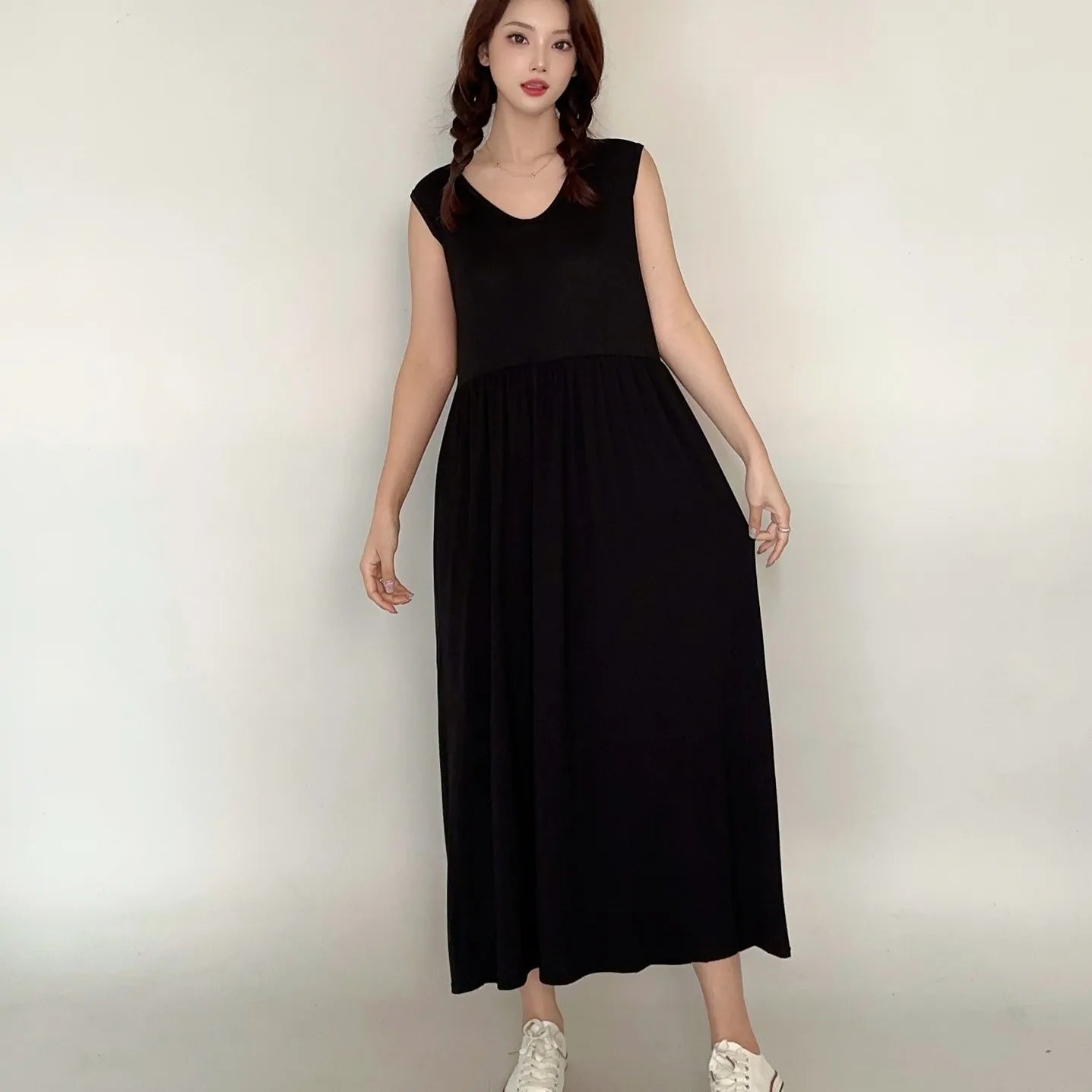 Plus size L to 6XL Women's dress Modal Sleeveless tank dress Pleated sleepdress Mid-Length waist-slimming dresses Loose homewear