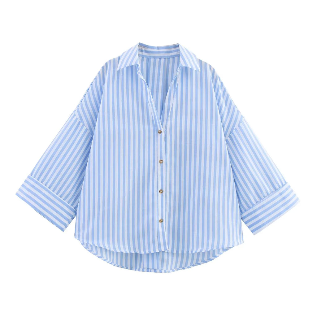 PB&ZA Summer New Women's Commuter Versatile Linen Blended Wide Sleeve Lapel Casual Striped Shirt