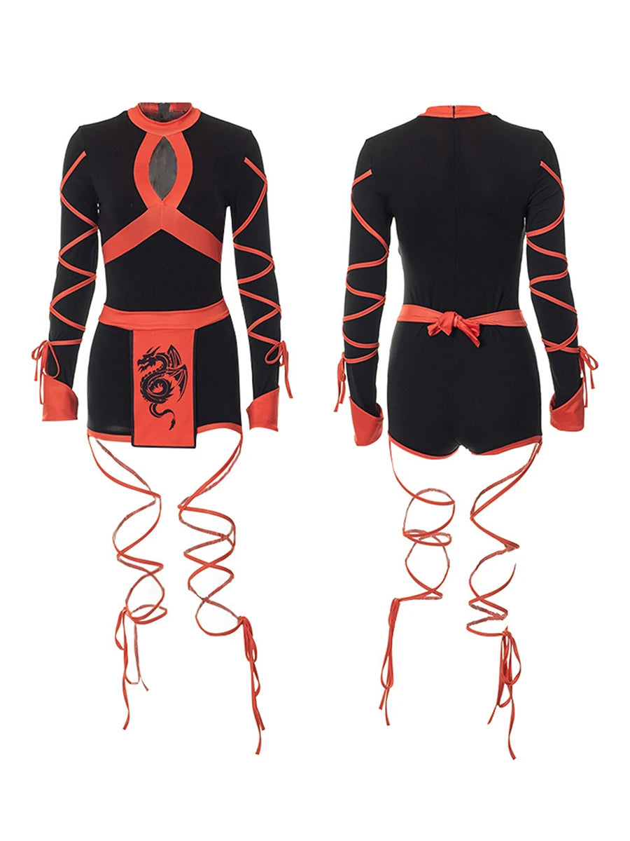 Women Contrast Color Bodysuits Long Sleeve Round Neck Front Cutout Slim Fit Short Playsuit with Print Belt Halloween Decoration