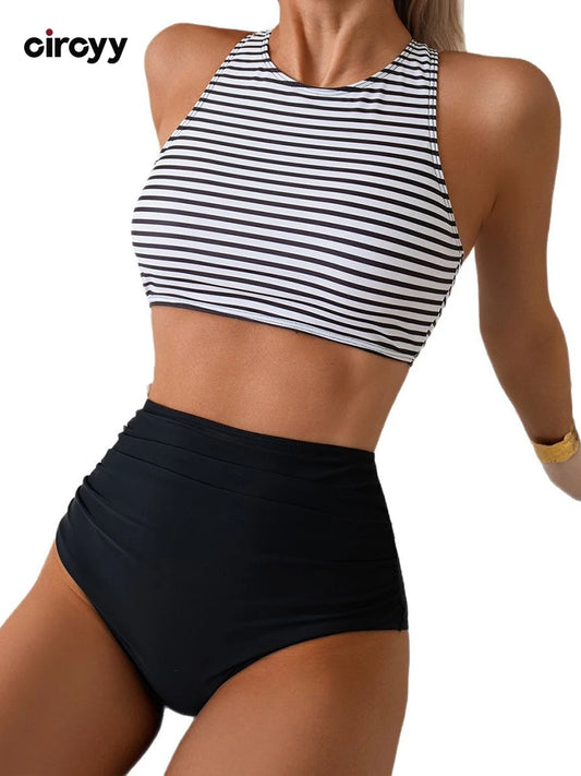Circyy Striped Bathing Suit Women Fashion Two-pieces Swimwear High Waisted Solid Bikini Set Summer 2025 New Holiday Beachwear