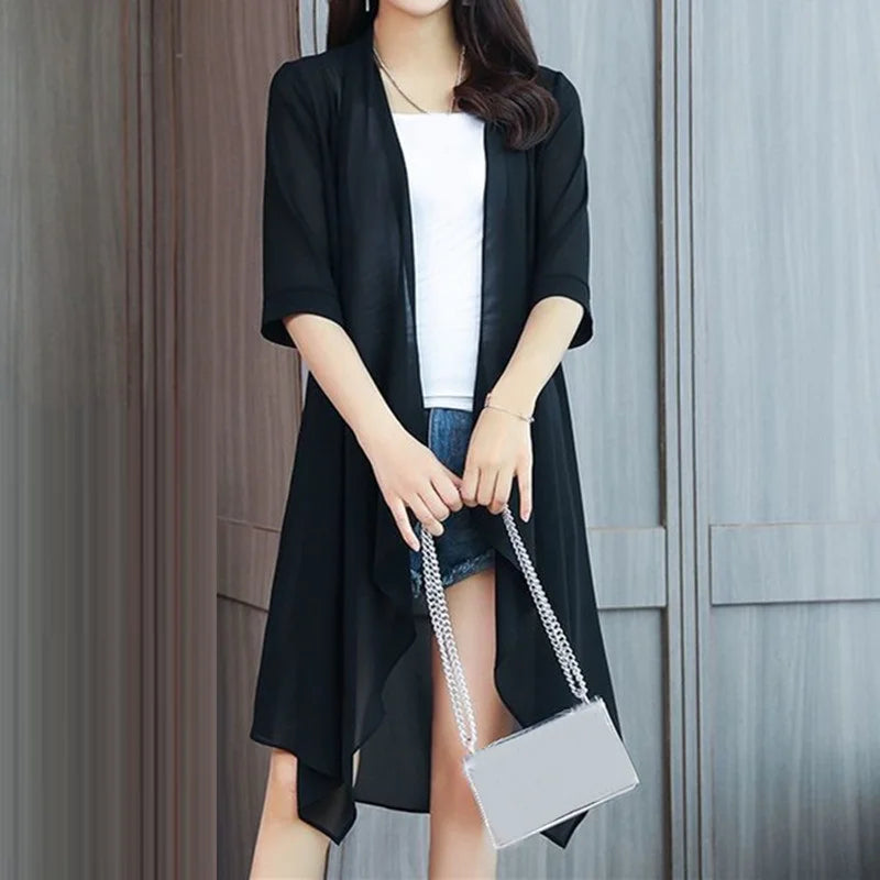 Summer Sun Protection Clothing Women Chiffon Cardigan Half Sleeve Blouse Shirts Ladies Shawl Female Tops Women Loose Thin Coats