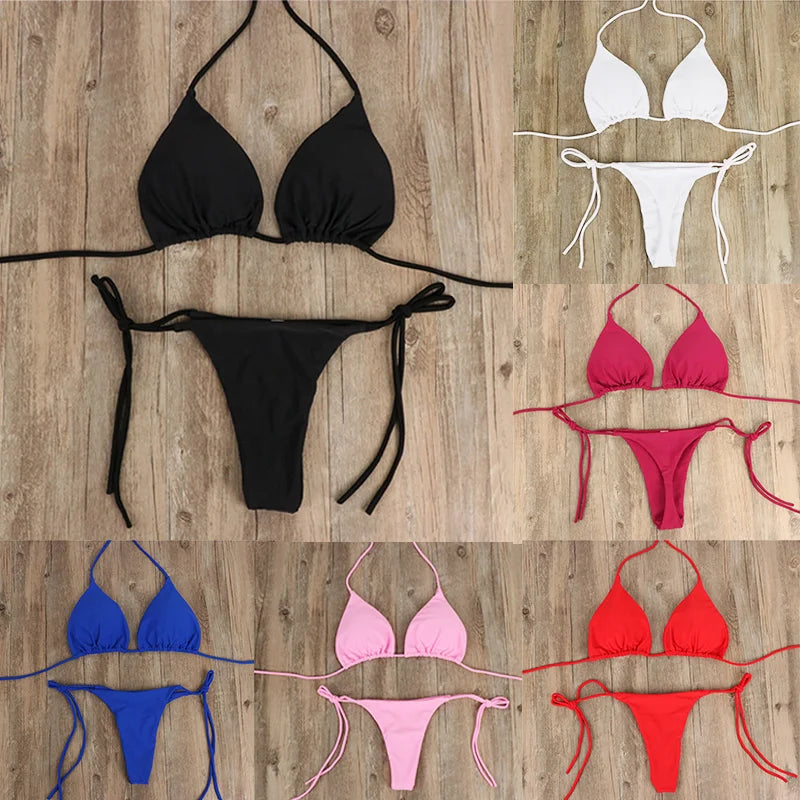 Beach Style Swimsuit for Women Sexy Halter Swimwear Solid Thong Female Bikini Set Bathing Suit Bikini Mujer Lingerie