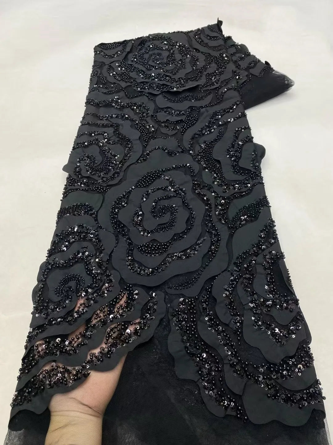 African Nigerian Groom Lace Fabric - Luxury Sequined Embroidery (Black) - C233, 5 Yards