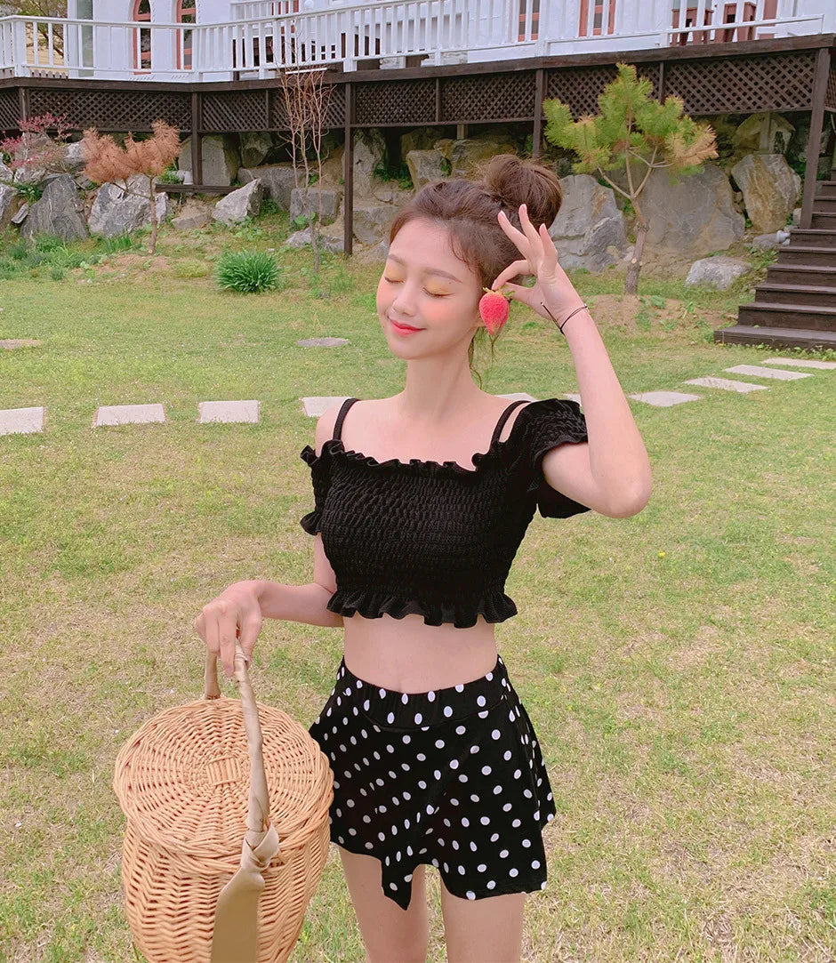 OIINAA Swimwear Women Halter Slash Neck Bikini Set Pleated Ruffled High Waist Dot Skirt Summer 2025 Vintage Hot Spring Swimwear